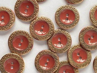 TGB Soft Gold Metal Buttons With Brick Colour Glossy Resin Centre - 20mm (4702)