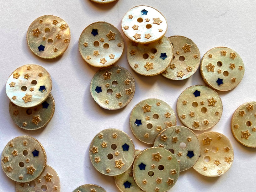TGB Natural Shell Buttons with Glitter Stars - 15mm (4547)